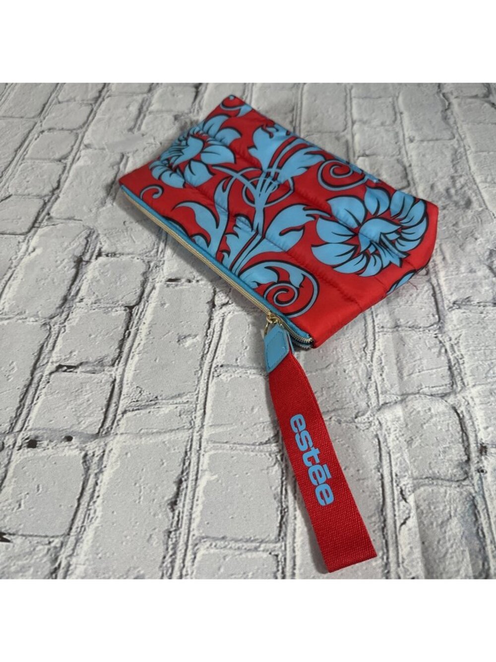 Estee Lauder Makeup Cosmetic Bag Clutch Red Blue Floral Puffer Recycled Fabric